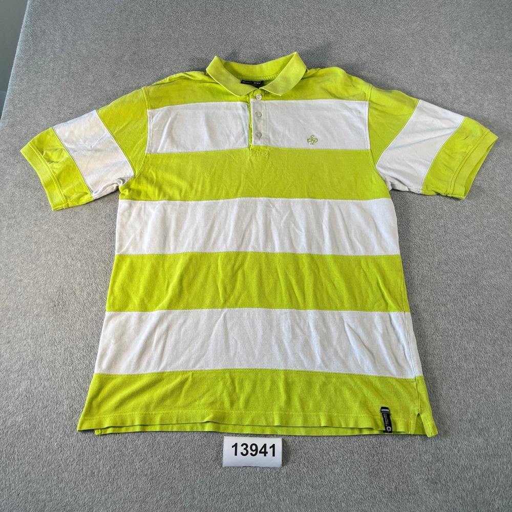 Vintage Southpole Polo Shirt Mens 2XL Green White Striped Side Slit Embroidered